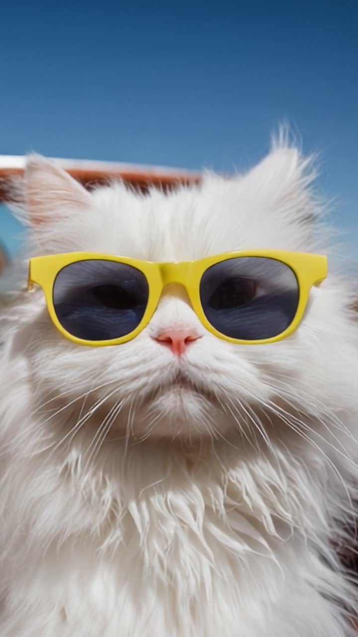 Kucing Modis: Kucing Putih Menggemaskan dengan Kacamata Hitam Kuning Bergaya Menikmati Hari yang Cerah di Bawah Langit Biru Jernih