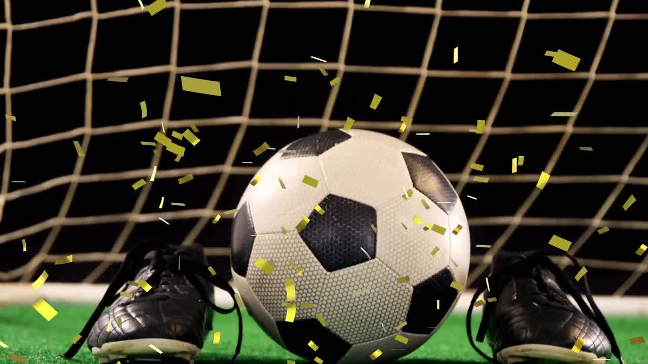 animación de confeti de oro que cae sobre la pelota de fútbol y los zapatos deportivos