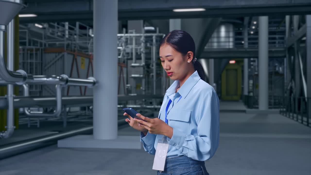 Vista lateral de una mujer asiática en el interior de una destilería con grandes tanques de fermentación, observa mirando hacia arriba, luego se concentra en el teléfono y sigue revisando.