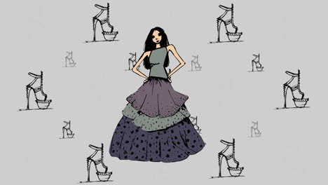 animación de iconos de zapatos y modelo sobre fondo verde