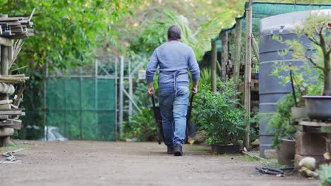 back view of caucasian male gardener walking with wheelbarrow at garden center