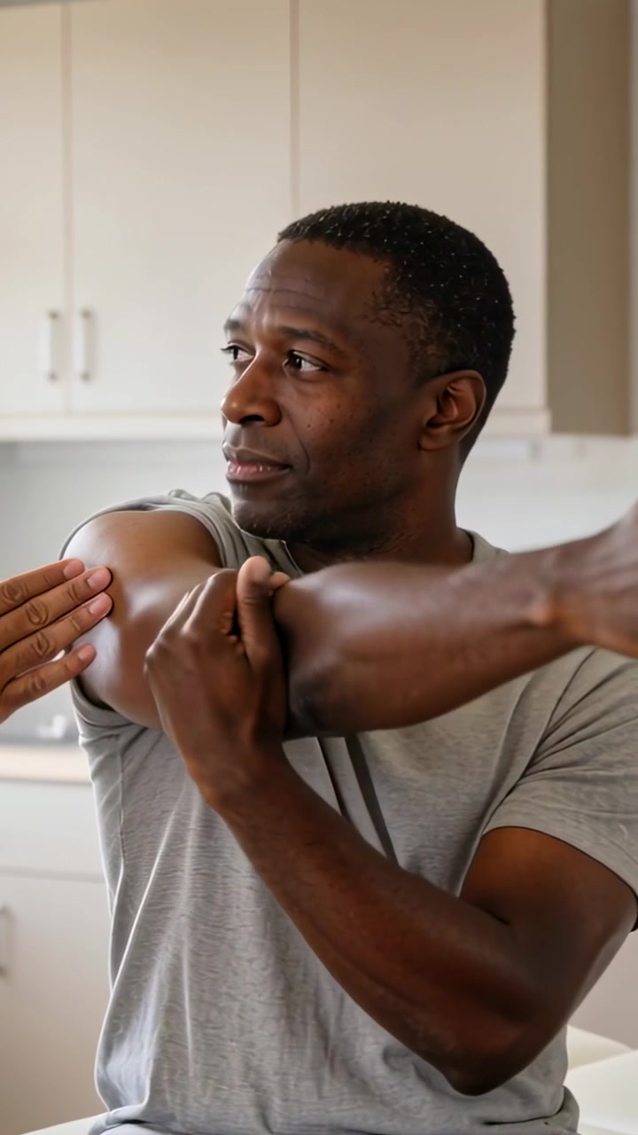 Vertical video: Assistant touching shoulder man in gray tee extending arm deepening stretch