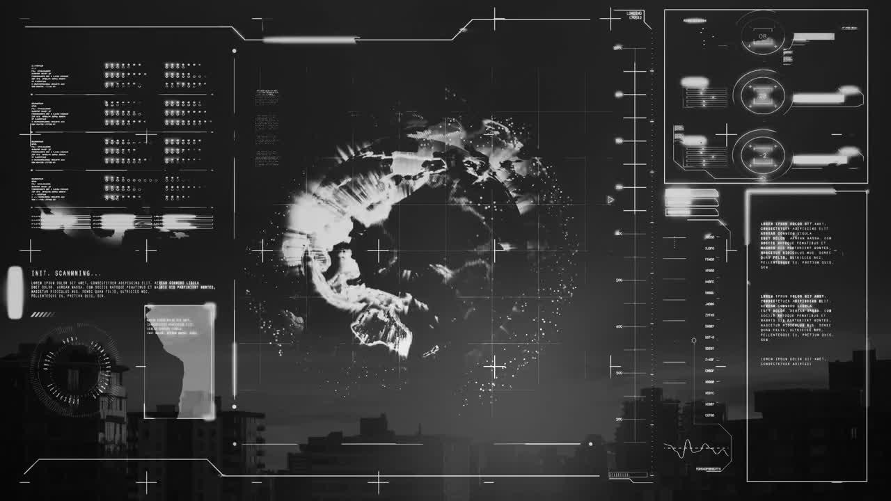 Animation of financial data processing over cityscape