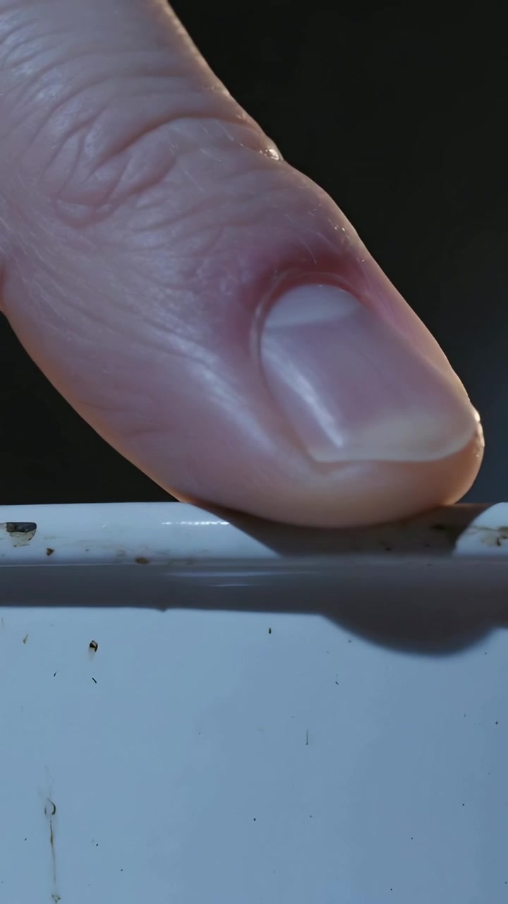 Video vertical: Viendo un chip, dedo moviéndose, presionando, deslizando, revisando un borde blanco y una mancha marrón en la mesa.