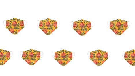 Composition-of-rows-of-face-mask-with-floral-pattern-moving-on-white-background