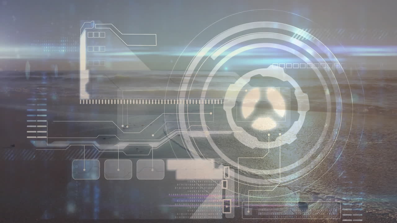 Animated HUD interface floating over calm ocean surface, with concentric circles projecting data