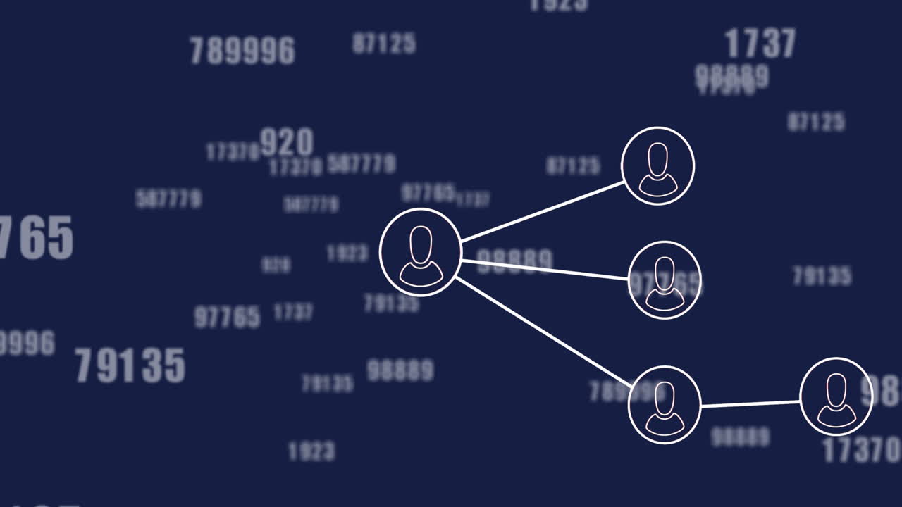 animación de una red de iconos de perfil y múltiples números cambiantes contra un fondo azul.