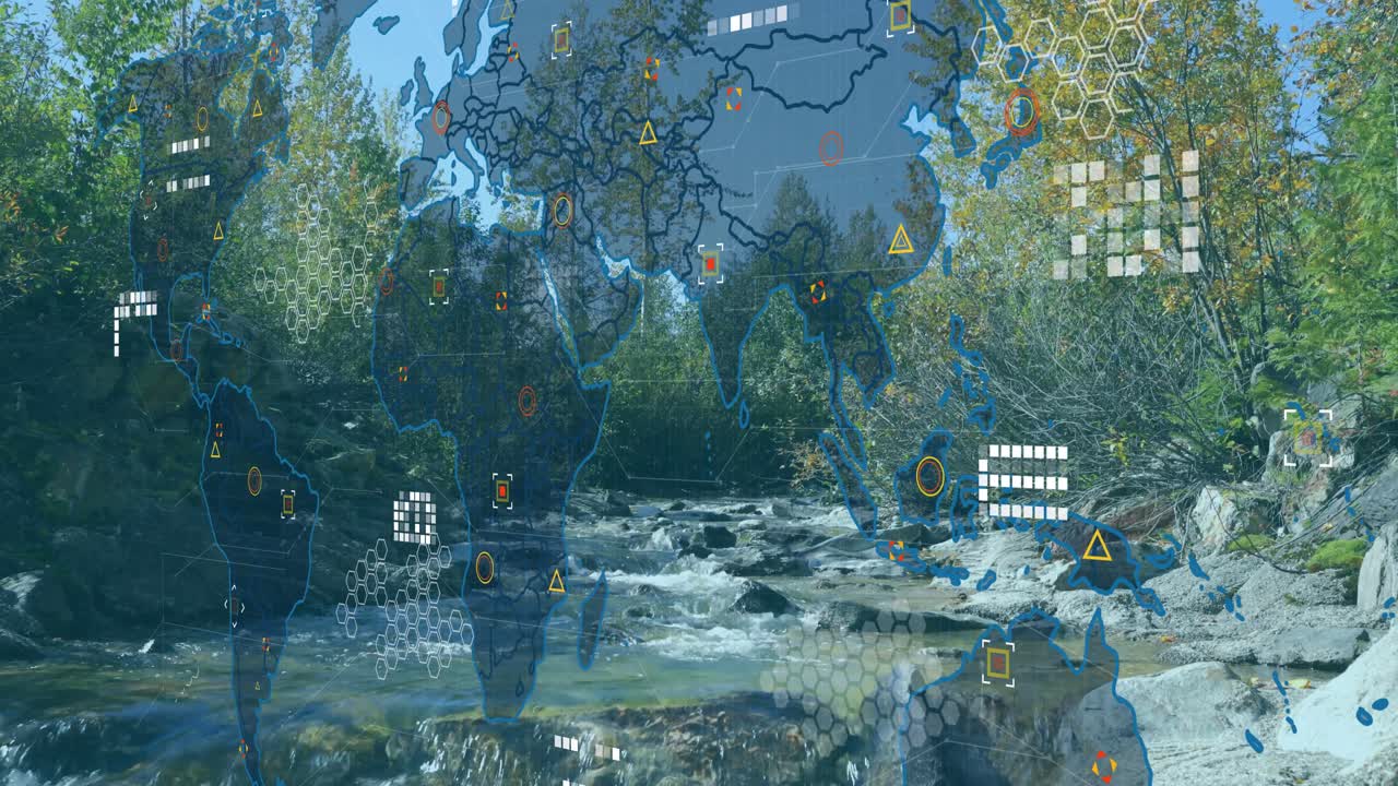 阳光映照下的河流开始显示全球数据叠加，图标弹出并伴随脉动的网络线条。
