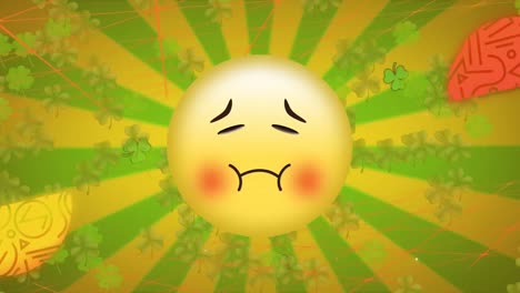 Animation-Des-Verlegenen-Emoji-Symbols-über-Streifenmuster-Hintergrund