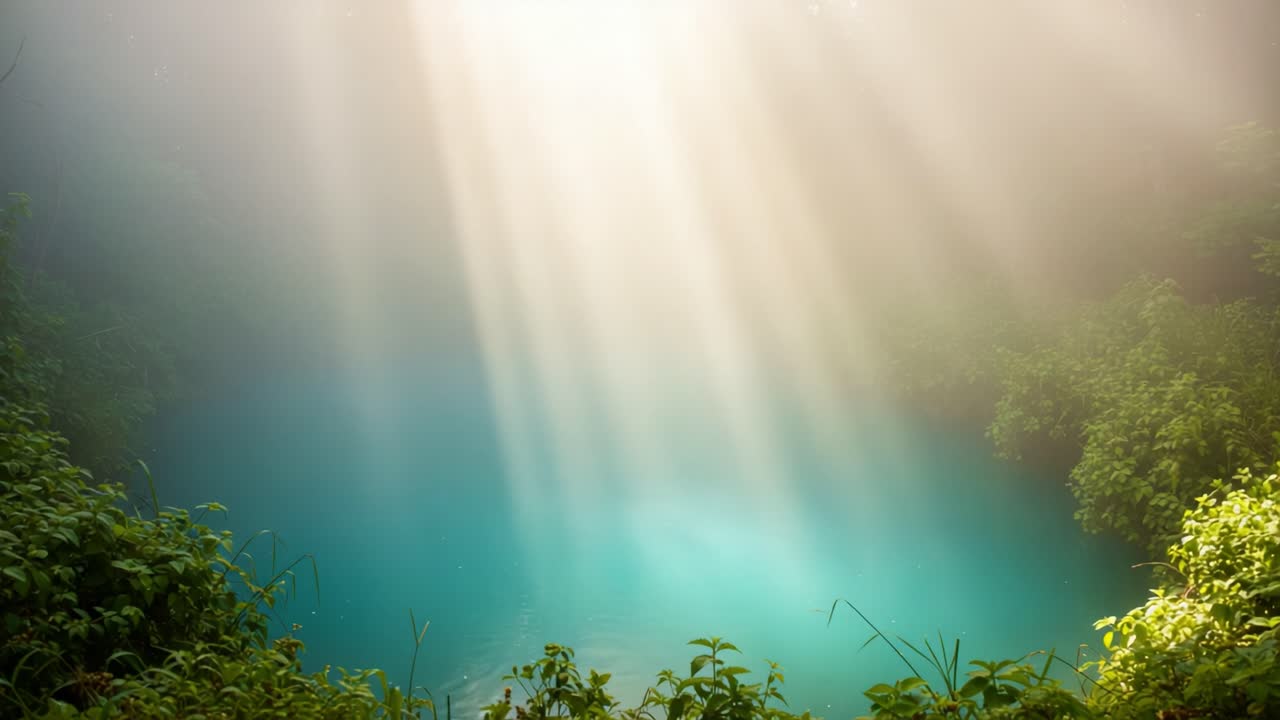 Captivating Natural Light Filtering Through Mist Over a Serene Turquoise Pool Surrounded by Lush Greenery, Creating a Dreamlike Atmosphere in a Tranquil Setting