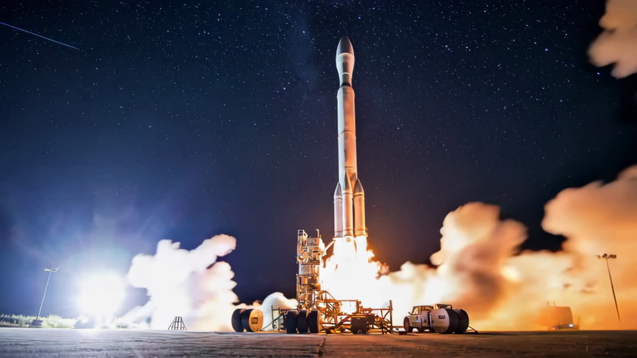 Rocket Launch at Night Under a Starry Sky