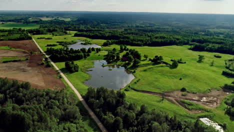 drone capture the aerial view of a tiny lake, a clouded sky, and a scene of beautiful green terrain covered with tall trees and shrubs