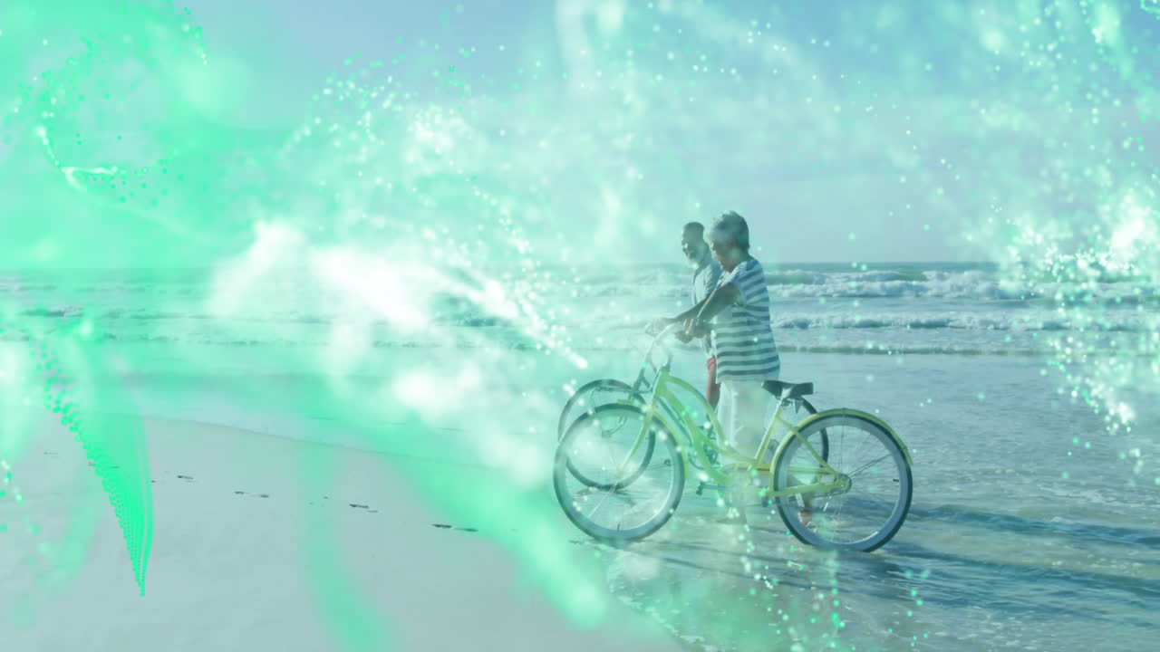 mother and son walking beach edge on yellow bicycles, promoting health campaign with green overlay