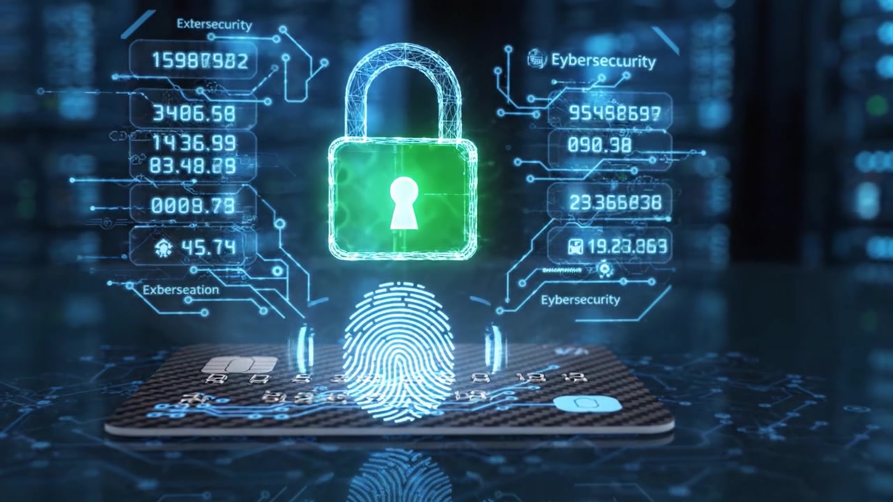 A Smart Payment Card Surrounded by Cybersecurity Graphics and Financial Data Visualization, Highlighting Advanced Technology in Secure Transactions