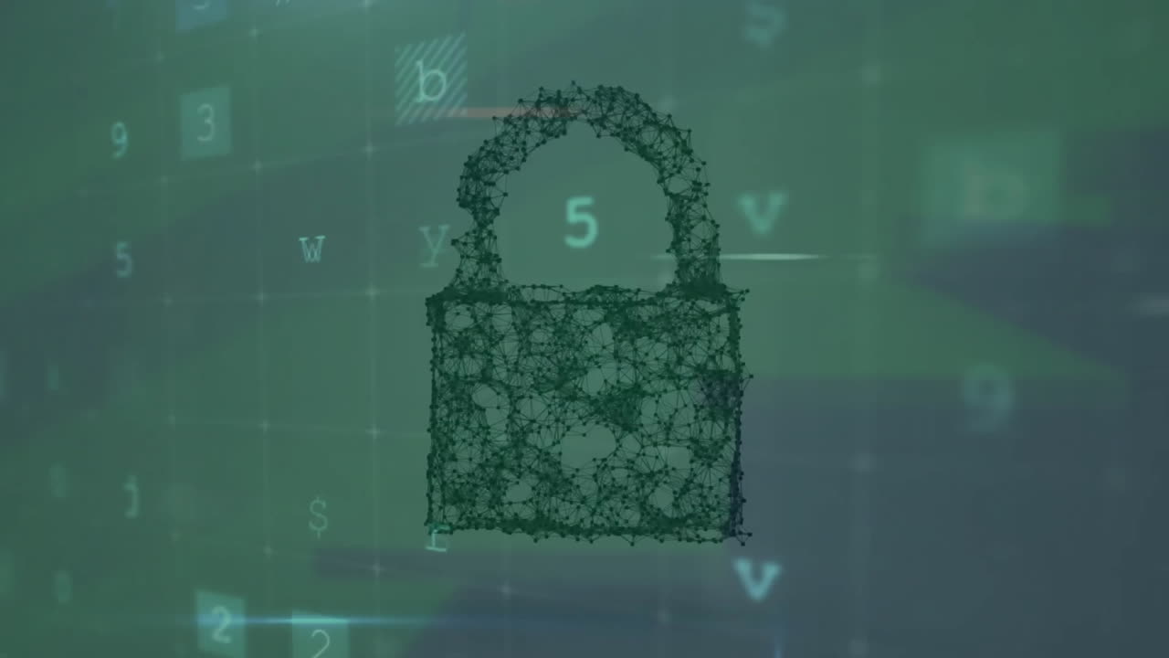 animación del texto de advertencia de seguridad cibernética y el candado sobre la oficina