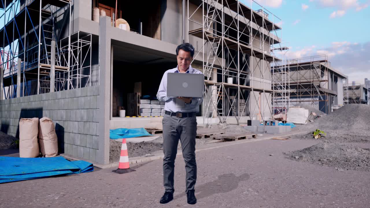 Full Body Of An Asian Male Professional Worker Standing With His Laptop At Construction Site in Progress to New House, Working Continuously