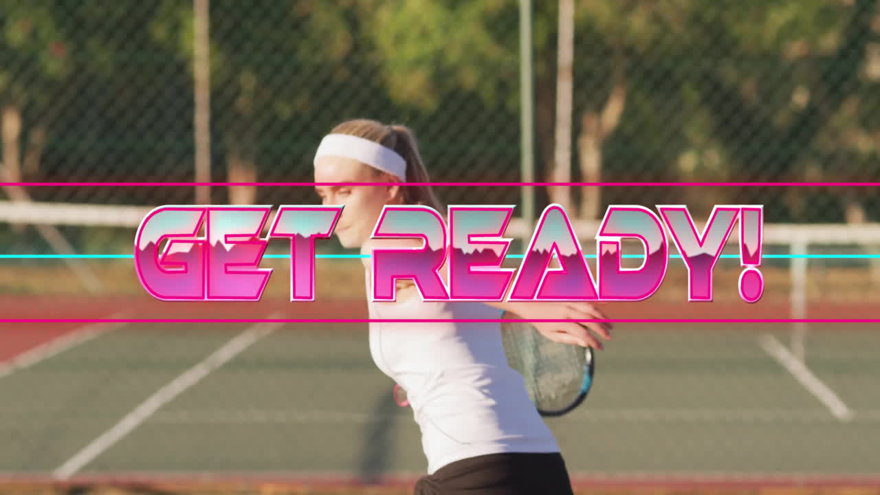 Female player swinging tennis racket on court, showing neon GET READY and ball for health ad