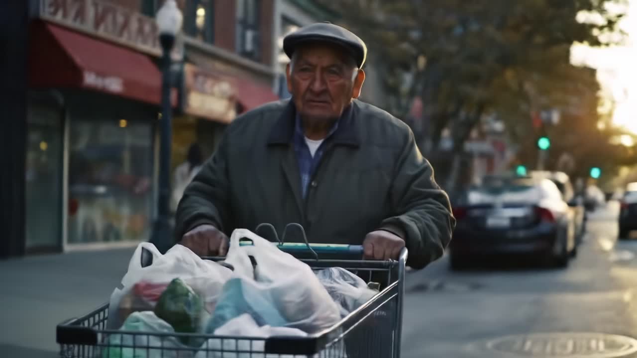 Un uomo anziano che si muove per le vie della città con un carrello della spesa pieno di provviste al tramonto, catturando l'essenza della vita quotidiana e delle interazioni nella community