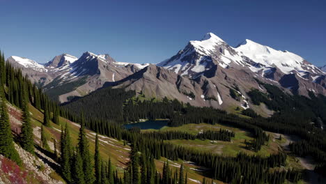 panoramic view of snow-capped mountains, forest, and lake
