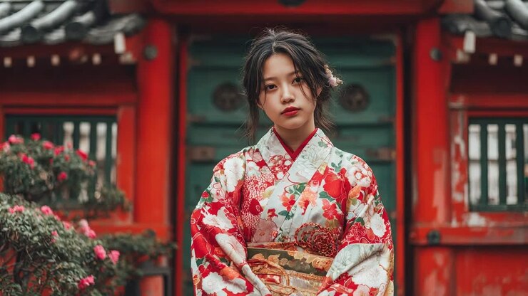 Giovane donna che indossa un tradizionale kimono in un giardino