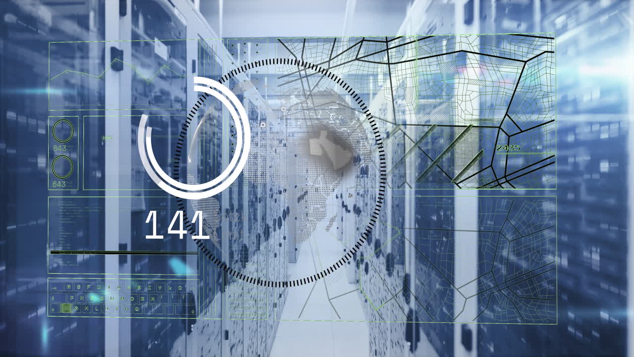 Data loading and processing, with globe and network over computer server room