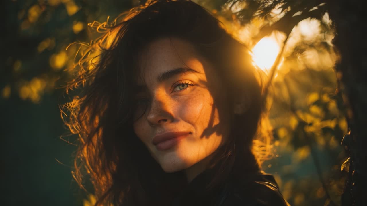 A Captivating Portrait of a Young Woman Illuminated by Sunlight, Emphasizing Her Natural Beauty Amidst a Glowing Background of Nature's Warmth