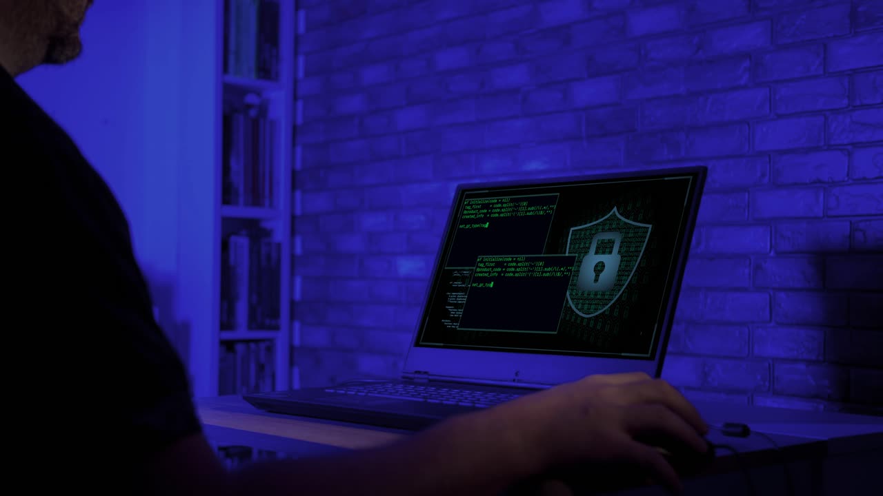 Man Working on Laptop with Cybersecurity Code and Shield on Screen