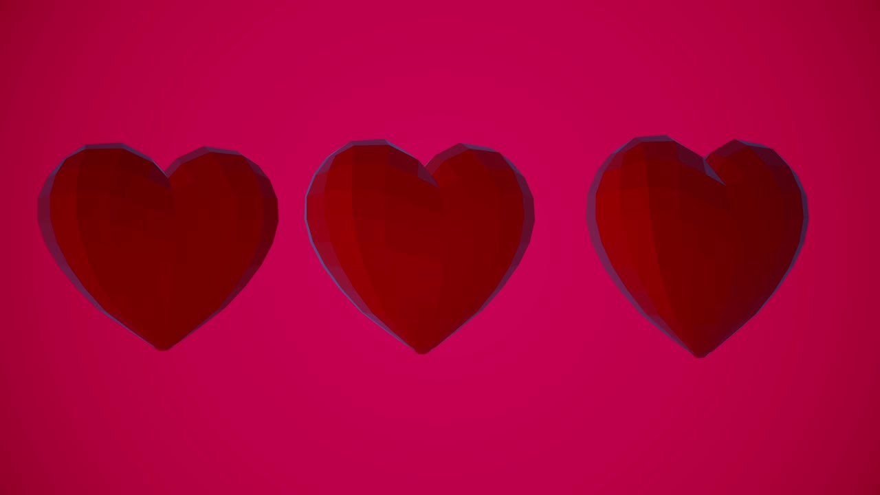 Motivo romantico con cuori rossi poligonali. Per l'evento di San Valentino. Animazione in loop 4k. Animazione 3D renderizzata in loop 4k.