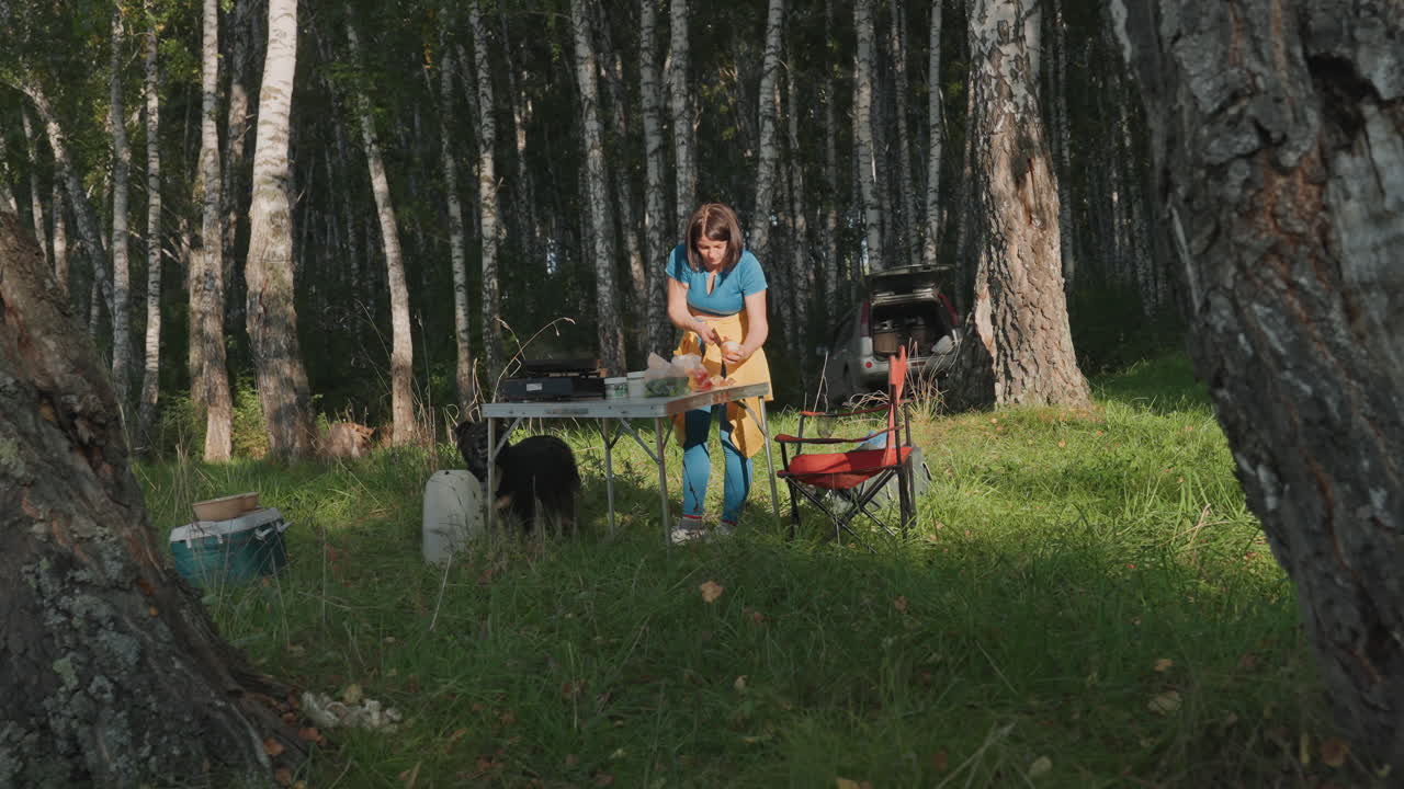 Kvinna som sätter upp campingplats i en björkdunge, fällbart bord och stol, portabelt kök och kylbox, fläckvis solljus på gräset, långsamma metodiska rörelser, fridfull förberedelse för ensamcamping, naturavkoppling.