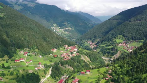 aerial panoramic landscape view of a beautiful mountain village in uzungol trabzon on a sunny summer day in turkey