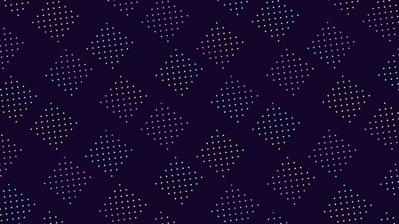 Multicolored geometric dots on a dark backdrop create an intricate pattern with overlapping details, featuring shades of purple, blue, and green