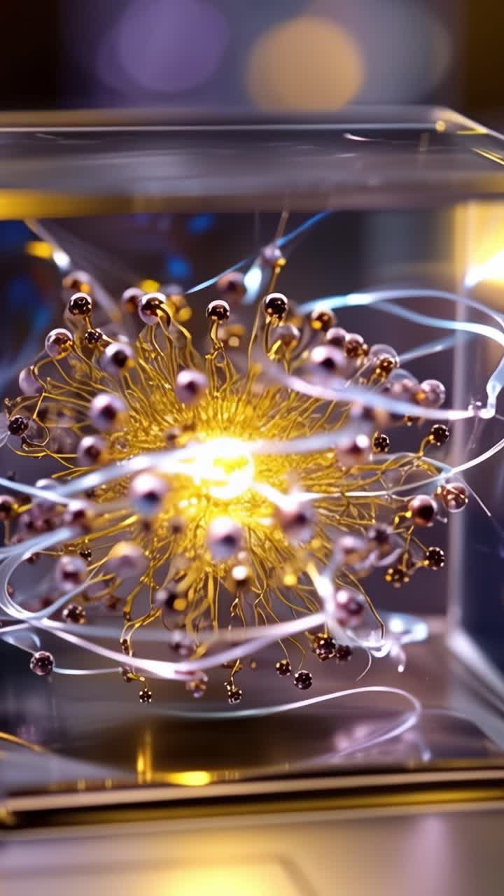 Una sbalorditiva rappresentazione visiva di concetti quantistici all'interno di un cubo di cristallo luminescente che mostra intricati schemi di energia e particelle in movimento.