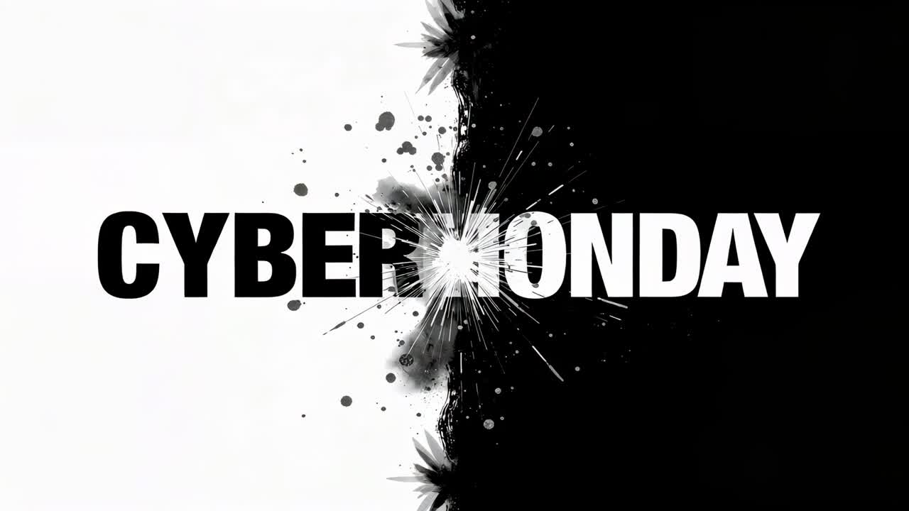 Animating CYBER MONDAY headline, center spark intensifying, sending streaks uniting sides on banner