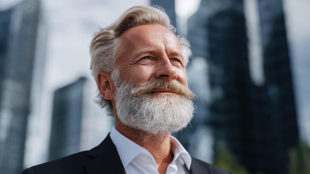 A confident senior man with a distinguished gray beard gazes upwards against a backdrop of modern skyscrapers, embodying hope and ambition in a vibrant urban setting