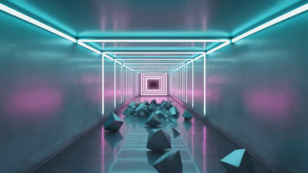Neon Lit Tunnel with Geometric Shapes