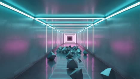 neon lit tunnel with geometric shapes
