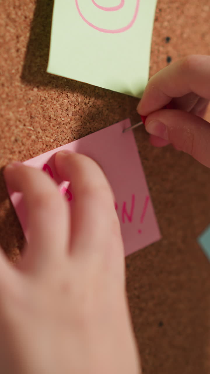 Little child pins memo stick with words Pop Corn to cork-board in kitchen closeup. Small girl leaves reminder about favorite snack on board at home
