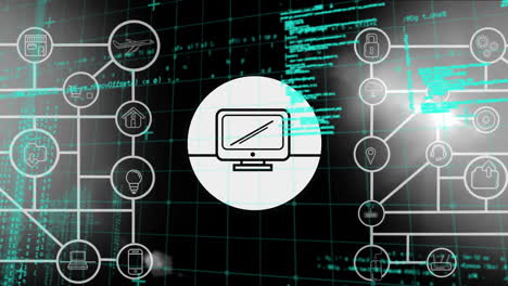 Animation-of-flowchart-of-icons,-computer-in-circle-over-computer-language-on-black-background