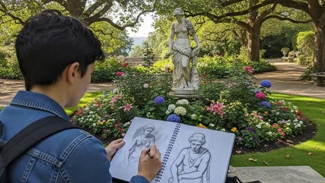 a young artist captures the beauty of nature with a sketch of a statue surrounded by vibrant flowers in a peaceful garden setting
