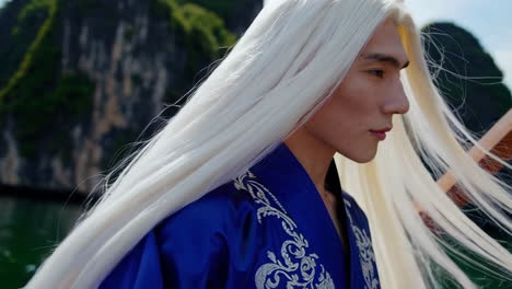 hombre asiático en kimono azul tradicional en un barco en la bahía de halong