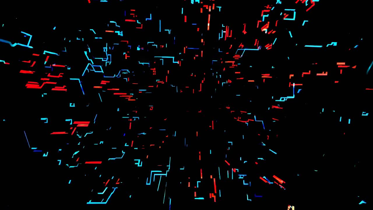 Futuristic digital video art with neon blue and red lines. Dynamic, abstract design with a central