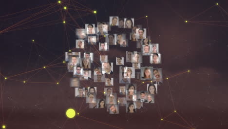 animación de imágenes de perfil que forman un globo sobre puntos conectados contra un fondo abstracto