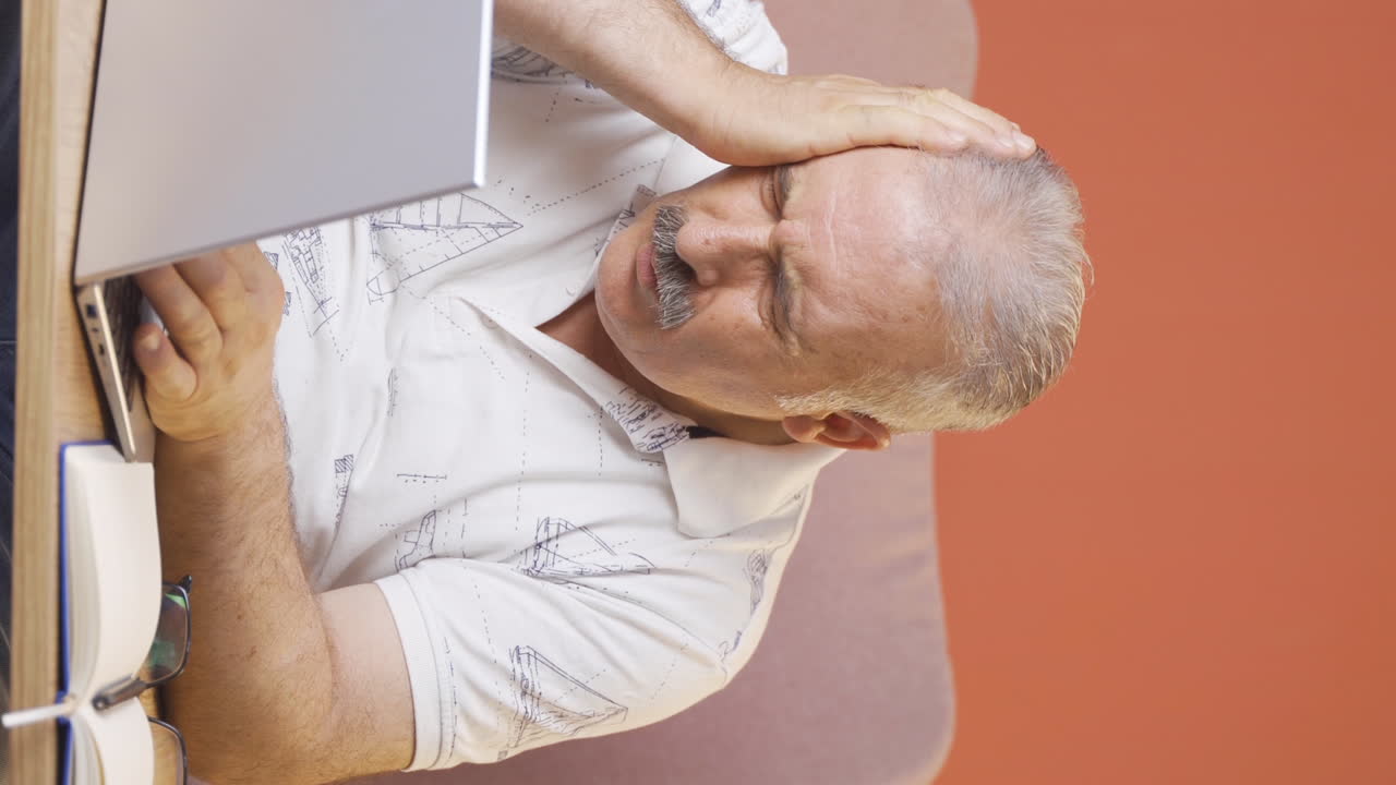 Vertikal video av gammel mann som ser på laptop og blir frustrert.