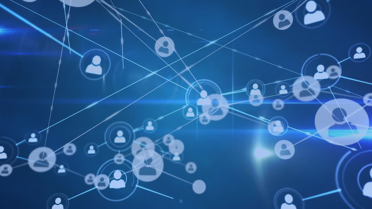 animación de la red de conexiones con iconos sobre senderos de luz sobre fondo azul