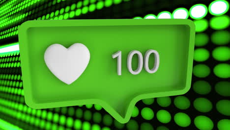 animación de corazón blanco y números crecientes con luces led verdes en el fondo