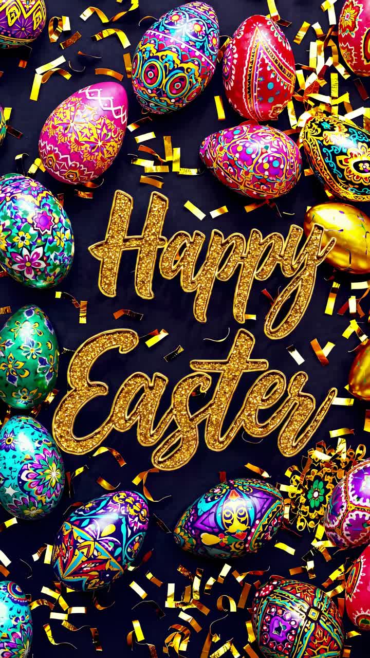 Ripresa video dall'alto di uova di Pasqua colorate e finemente decorate, circondate da coriandoli dorati