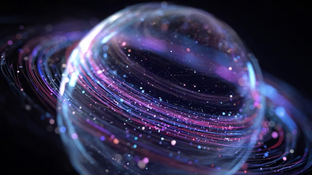 Digital sphere surrounded by swirling lines and glowing particles in a futuristic and technological visualization, representing data flow, global networks, quantum computing, and cosmic energy