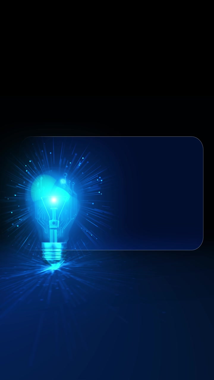 Glowing idea light bulb background with blue circuit detail bright energy rays and large dark copy