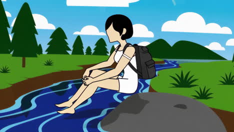 animated woman relaxing by a river in a serene landscape