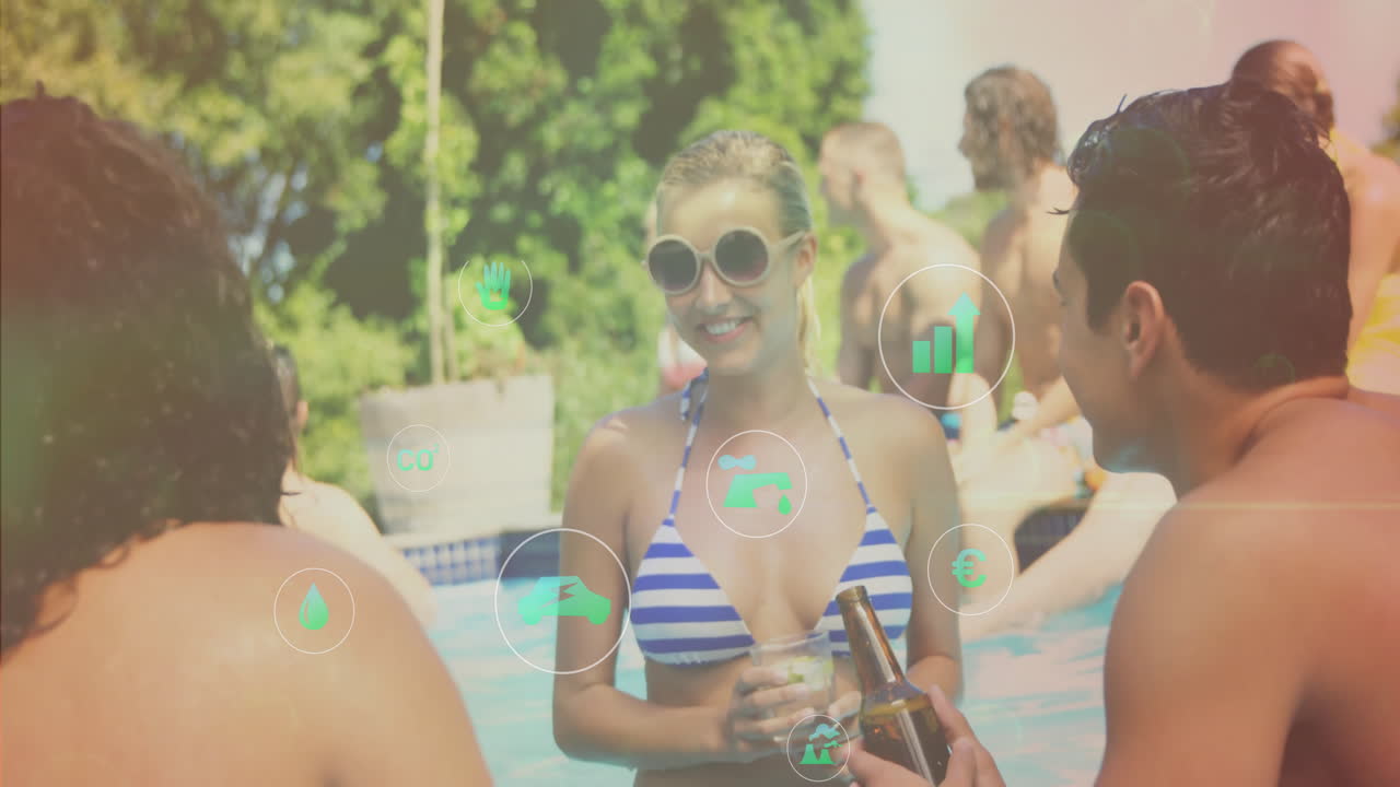 At pool party, people using animation with digital icons for social media
